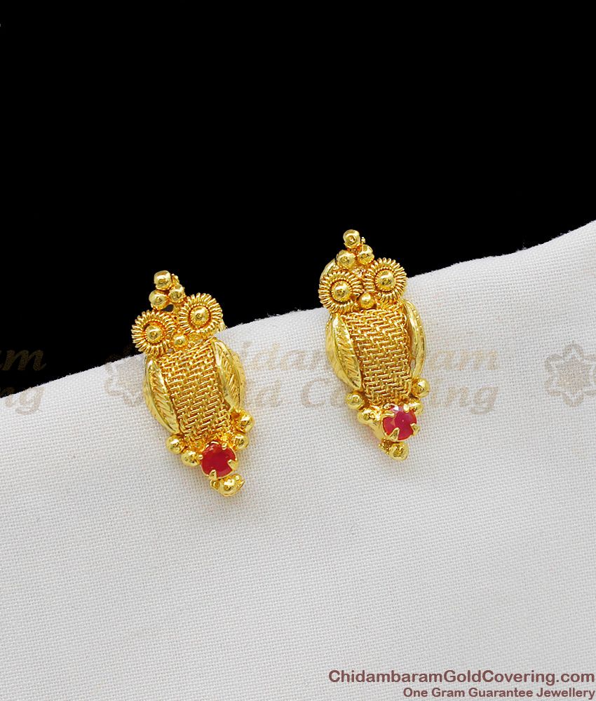Artistic Gold Finish Owl Design Ruby Stone Studs Daily Use Jewellery ER1169