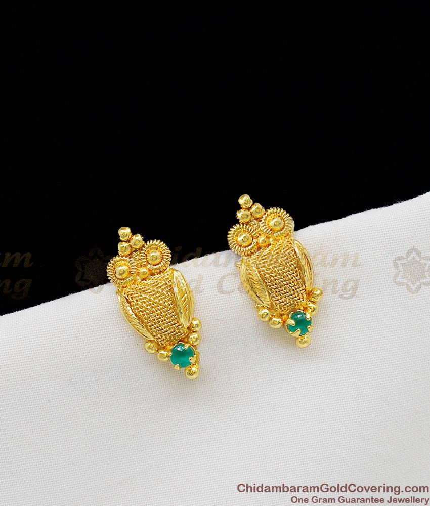 Amazing Gold Inspired Owl Design Emerald Stone Studs Daily Use ER1170