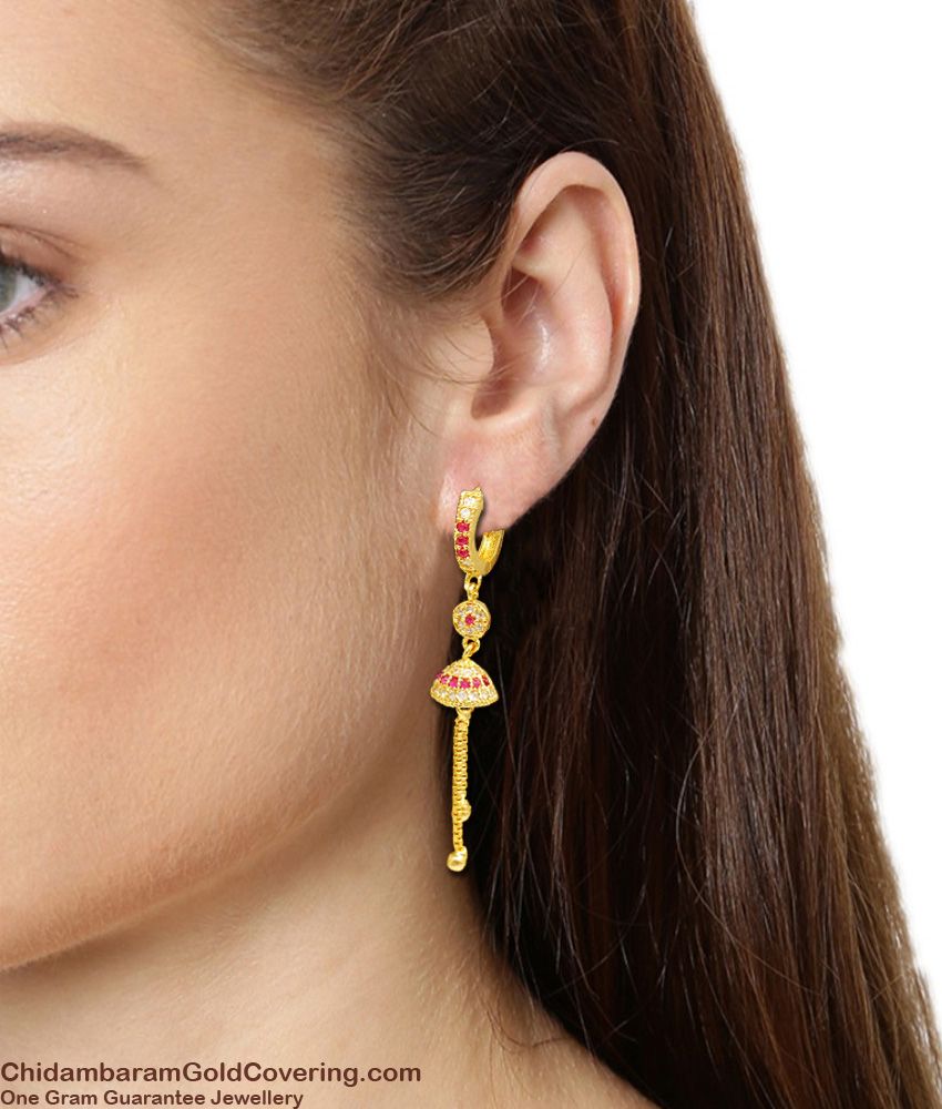 Long AD Ruby Stone Gold Plated Danglers Ring Hoop Type Earrings ER1194