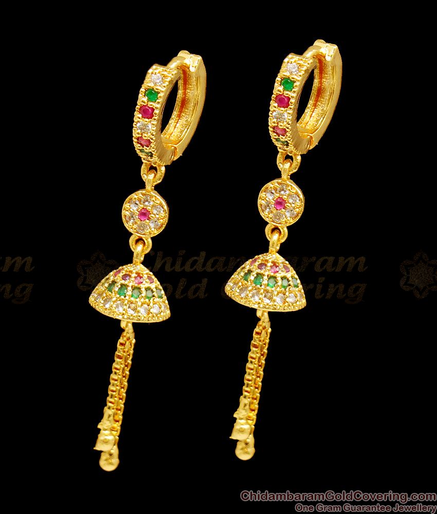 Amazing Multi Color Stone Long Ring Hoop Design Gold Danglers ER1195