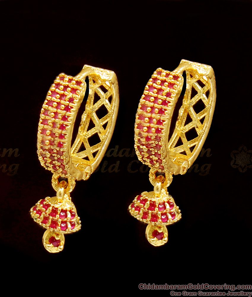 Full Ruby Stone Traditional Gold Plated Studs For Ladies Regular Use ER1196