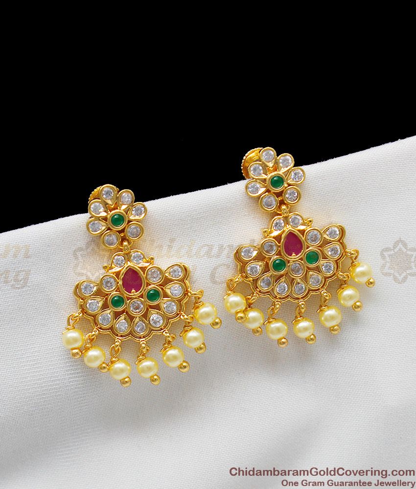 Bridal Design Gold Impon Multi Stones Dangler With Pearls Online ER1227