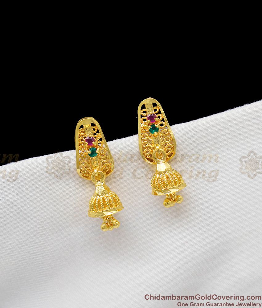 Pink And Green Stone Pure Gold Jhumki For Ladies Kerala Design Ornament ER1233