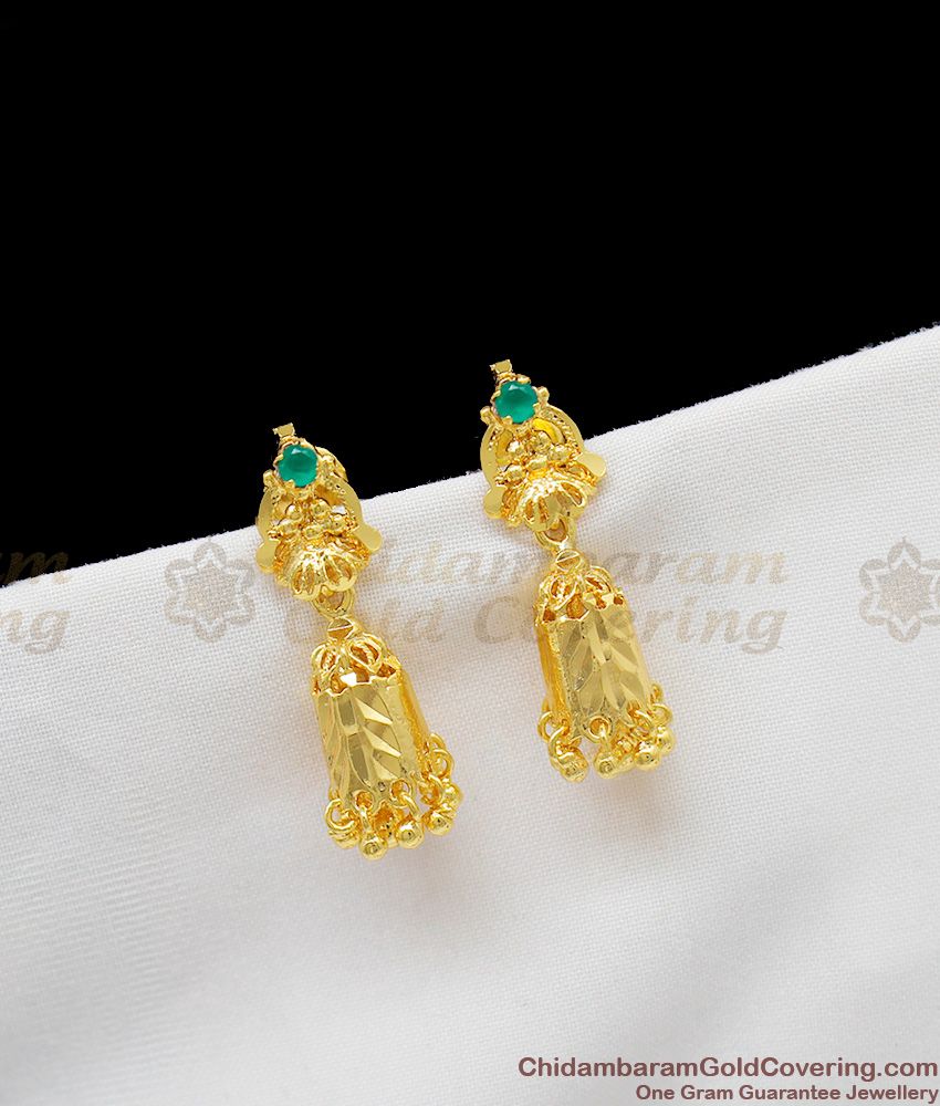 One Gram Gold Jhumki With Beautiful Green Stone Latest Collections ER1234 One Gram Gold Jhumki With Beautiful Green Stone Latest Collections ER1234