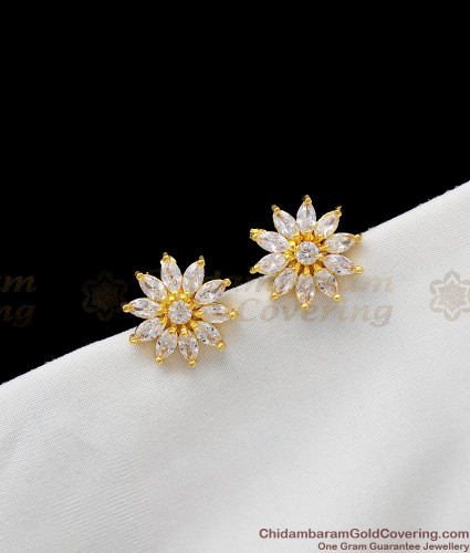 White Zircon Stone Gold Designer Studs Flower Model Daily Use Jewellery  ER1247
