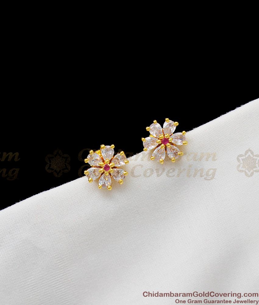 Sparkling Ruby Stone White Diamond Flower Design Small Studs For Girls ER1249
