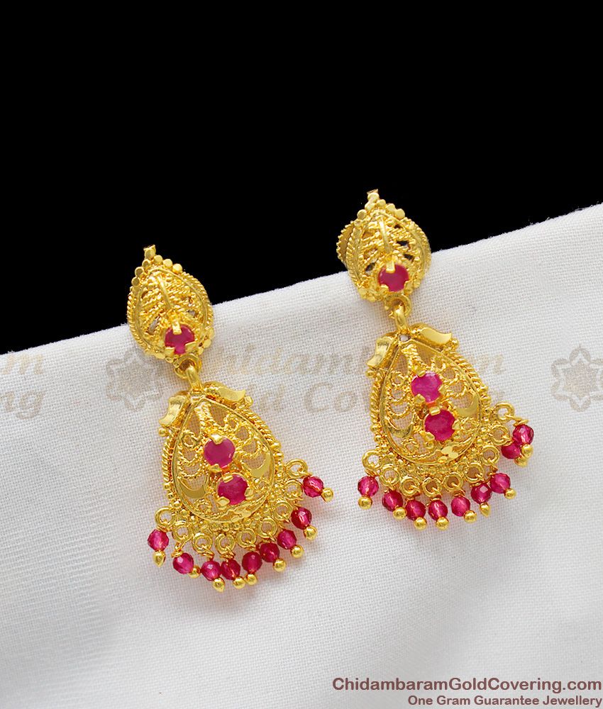 Full Ruby Stone Simple Gold Plated Dangler With beads Earrings ER1270