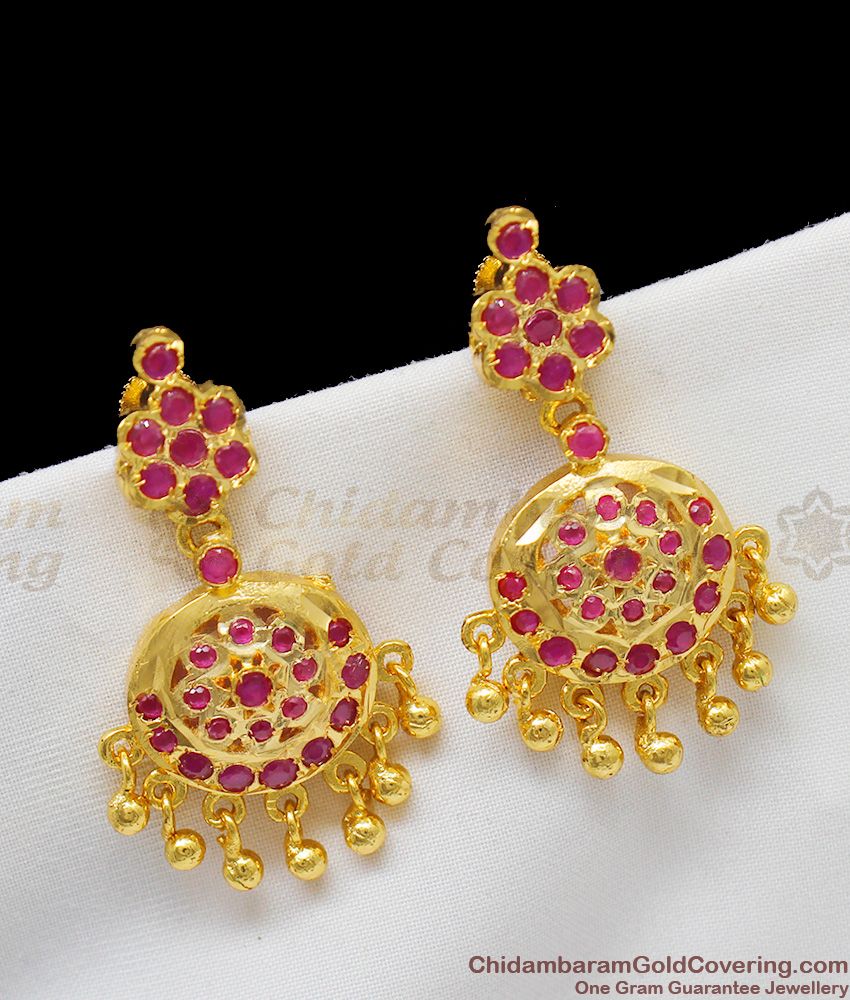 Ruby Stone Gold Plated Impon Pattern Dangler Earrings For Ladies ER1273