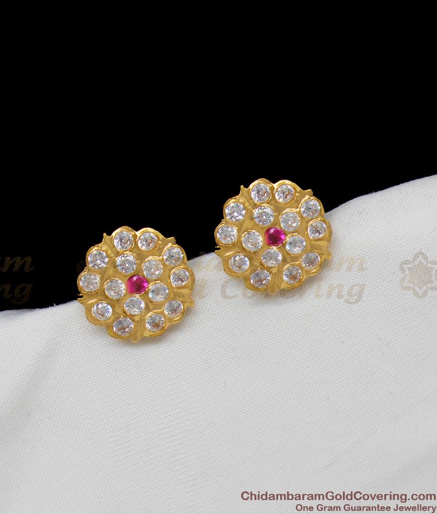 Gold Flower Design Five Metal Multi Stone Stud Type Earrings ER1290