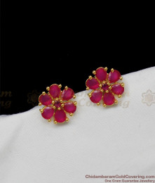 One Gram Gold Earring With Full Ruby Stone Six Petal Flower Design Studs ER1297 One Gram Gold Earring With Full Ruby Stone Six Petal Flower Design Studs ER1297