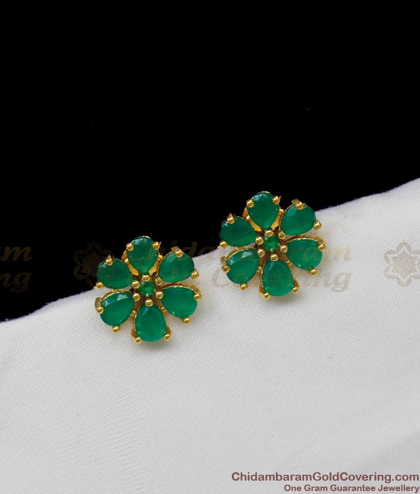 Real Gold Flower Model Green Emerald Stone Filled Studs For Daily Use ER1298
