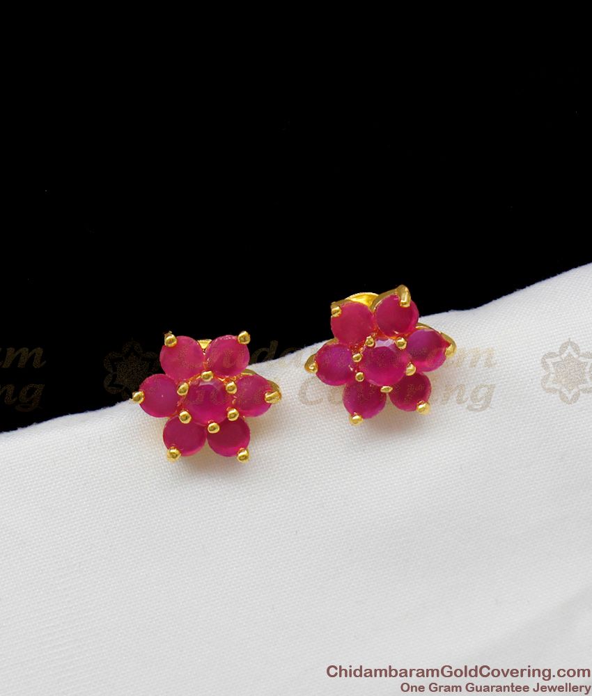 Trendy Ruby Stone Flower Design Gold Earrings For Girls Stud Model ER1303