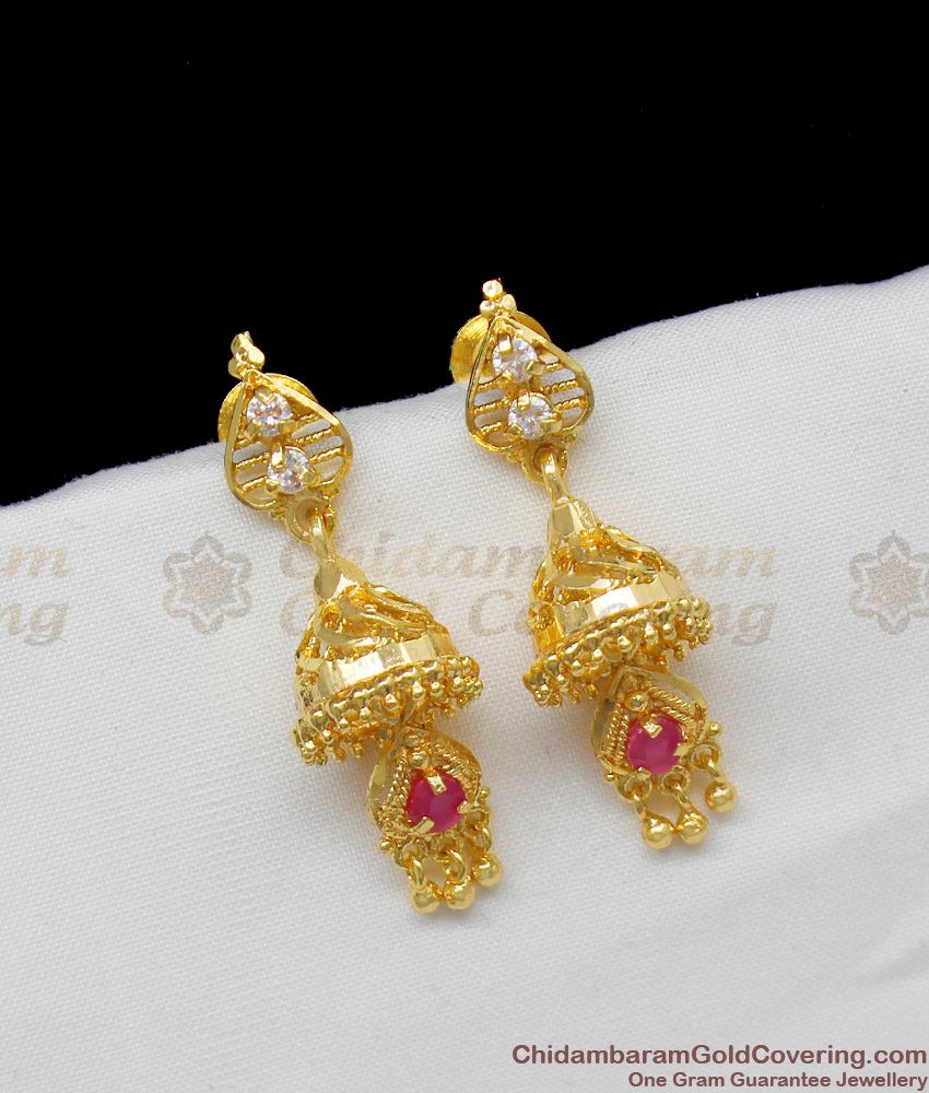 Rendu Adukku Gold Plated Jhumki With AD Ruby Stones trendy Design ER1317