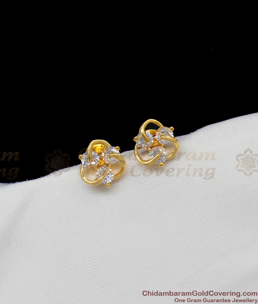 Fancy White AD Stone Sparkling Flower Model Gold Studs For Regular Wear ER1324