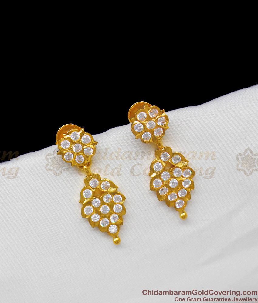 Five Metal Pattern Gold Full White Stones Trendy Danglers Leave Design ER1328