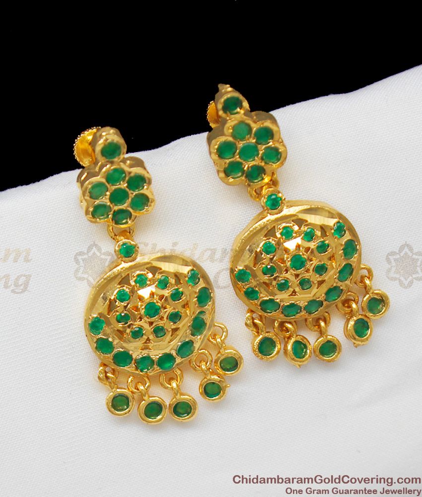 Impon Pattern Traditional Gold Design Full  Green Stone Beaded Danglers ER1330