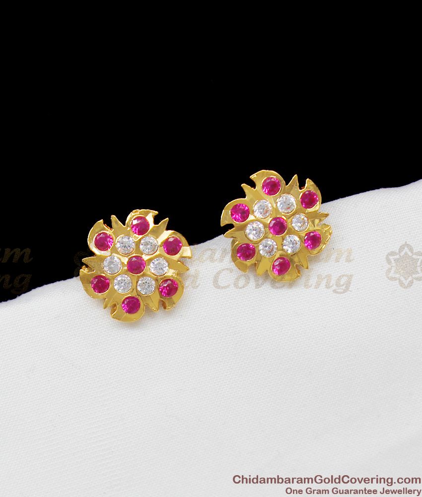 Chidambaram Gold Impon Pink And White Stone Flower Model Stud Type Earrings ER1336