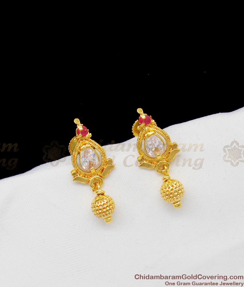 Beautiful AD White Crystal And Ruby Stone Gold Plated Studs With Ball Thodu ER1339