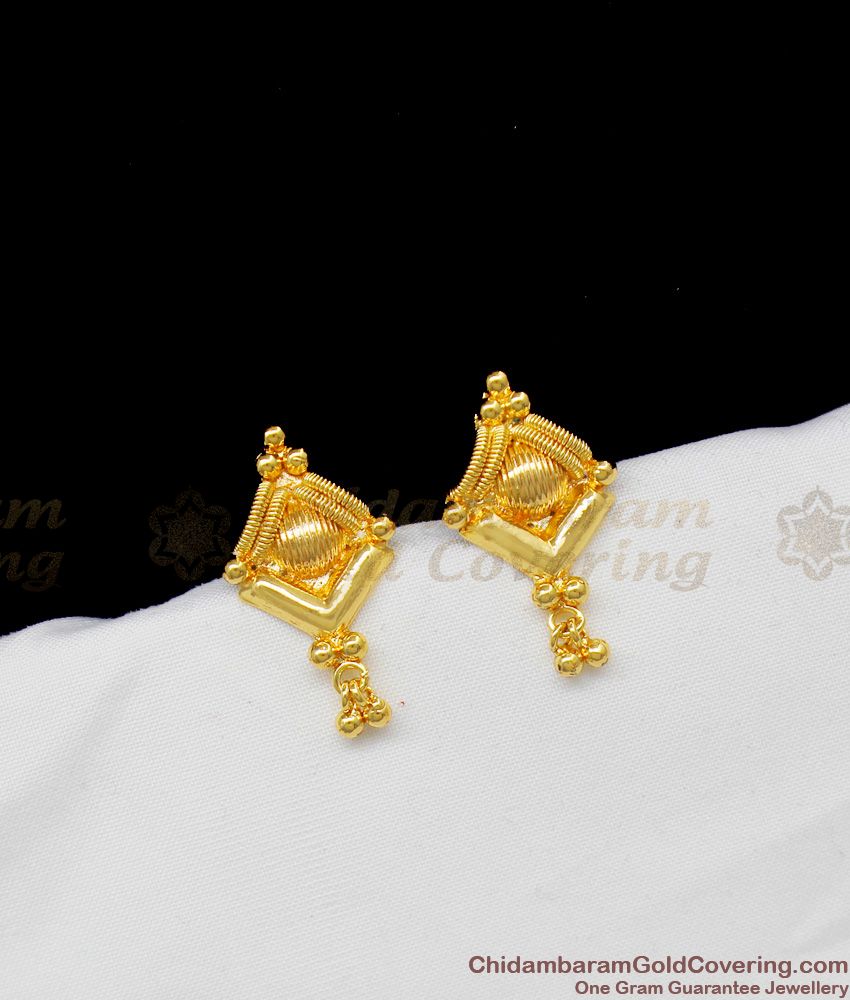 Plain Gold Small Kerala Design Studs For Girls Daily Wear Jewelry With Beads ER1356