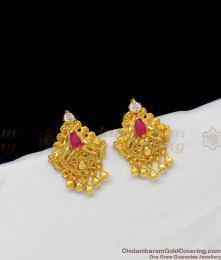 AD Ruby Stone One Gram Gold Earrings With Cute Beads Kerala Model Jewellery ER1359 AD Ruby Stone One Gram Gold Earrings With Cute Beads Kerala Model Jewellery ER1359