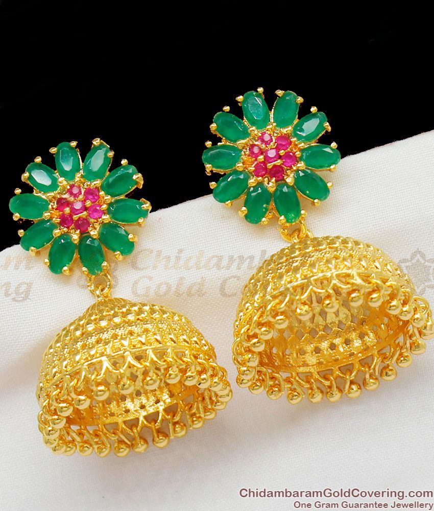 Semi Precious Ruby Emerald Stone Big Bridal Gold Jhumki Collection ER1365