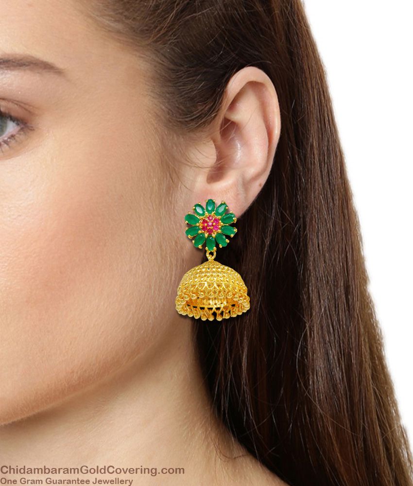 Semi Precious Ruby Emerald Stone Big Bridal Gold Jhumki Collection ER1365