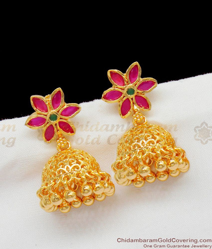 Arabian Handwork Flower Pattern Multi Color Stone Real Gold Earrings ER1373