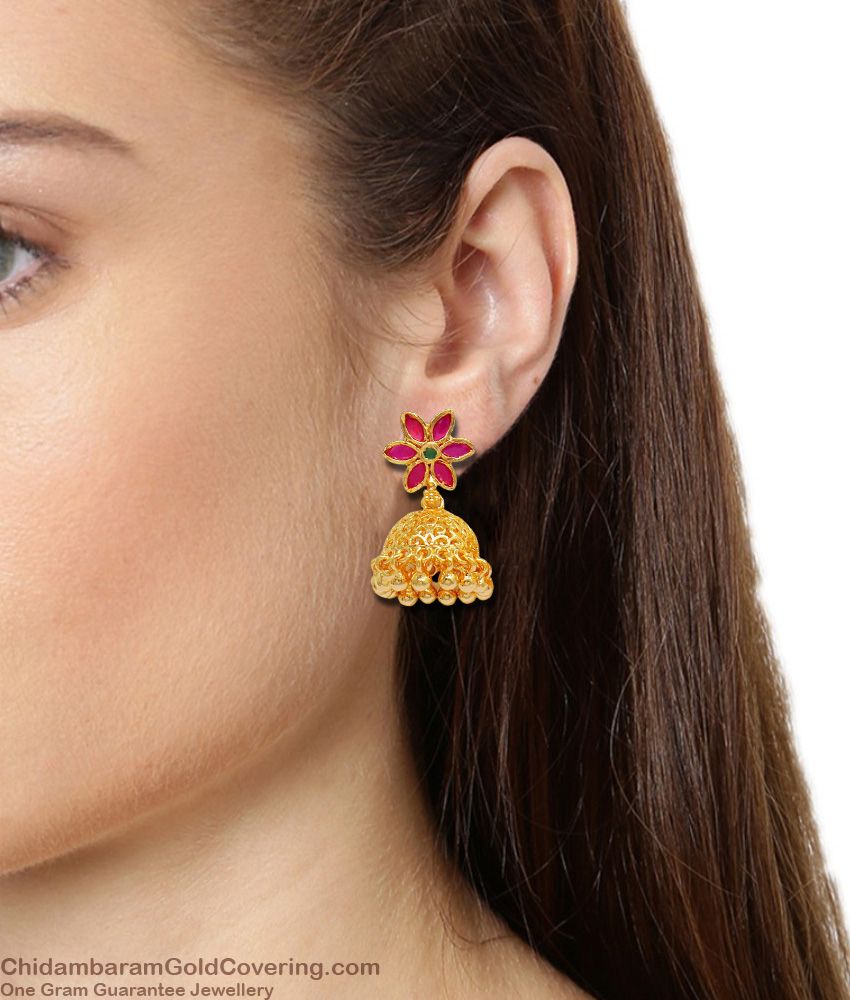 Arabian Handwork Flower Pattern Multi Color Stone Real Gold Earrings ER1373 