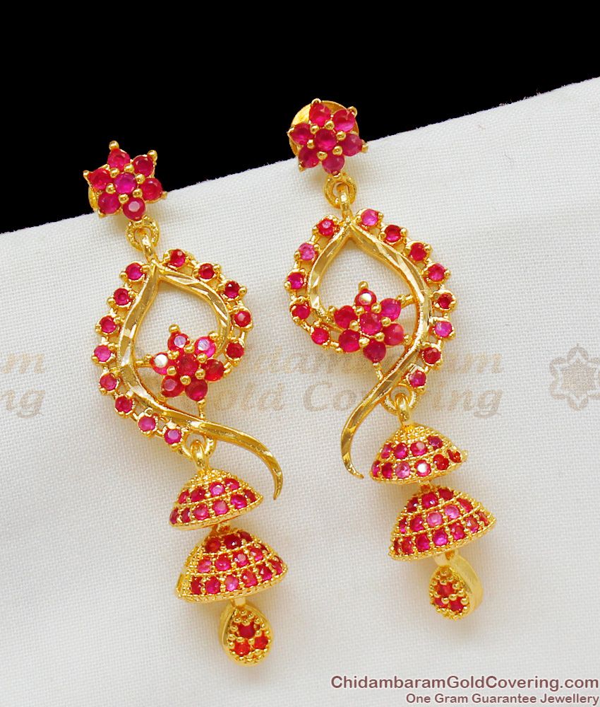 Trendy Full ruby Stone Gold Plated Danglers Design Bridal Collection ER1376