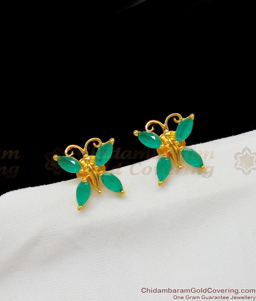 Butterfly Pattern With Green Emerald Stones Fancy Studs For Girls Regular Use ER1380
