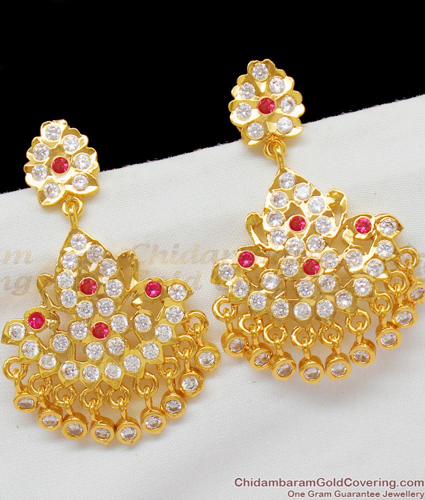 Five Metal Gold AD Ruby Stone Beaded Design Danglers For Womens ER1383