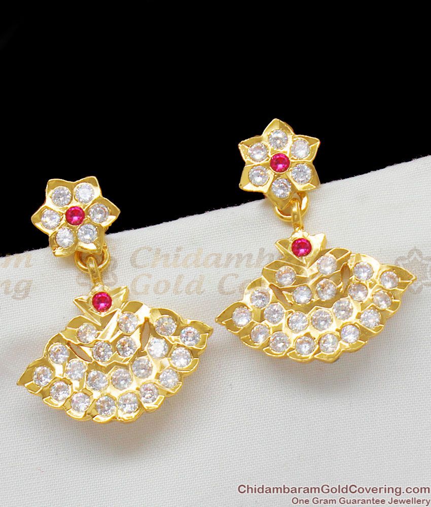 Attractive White And Pink Stone Flower Design Impon Gold Dangler Jewelry ER1389
