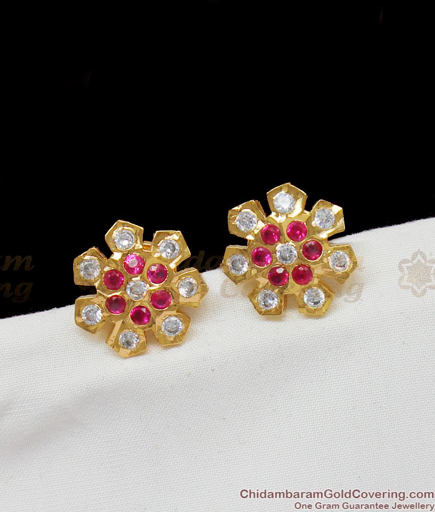 Ruby White Gati Stones Panchaloga Gold Finish Studs Traditional Collection ER1394