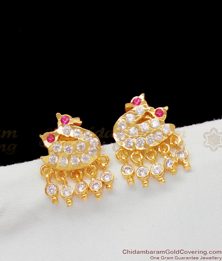 Adorable Swan Pattern Ruby White Diamond Stone Ayimpon Gold Studs ER1397