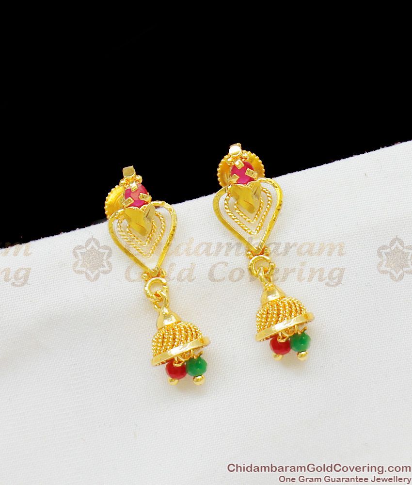 Chidambaram One Gram Gold Plated Heart Model Jhumki With Colored Beads ER1404