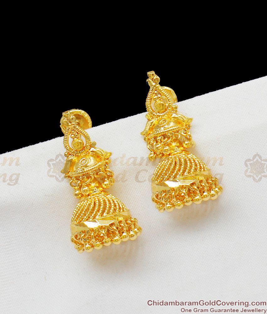 Gopura Design Heavy Jhumki Temple Pattern Real Gold Ornament ER1406