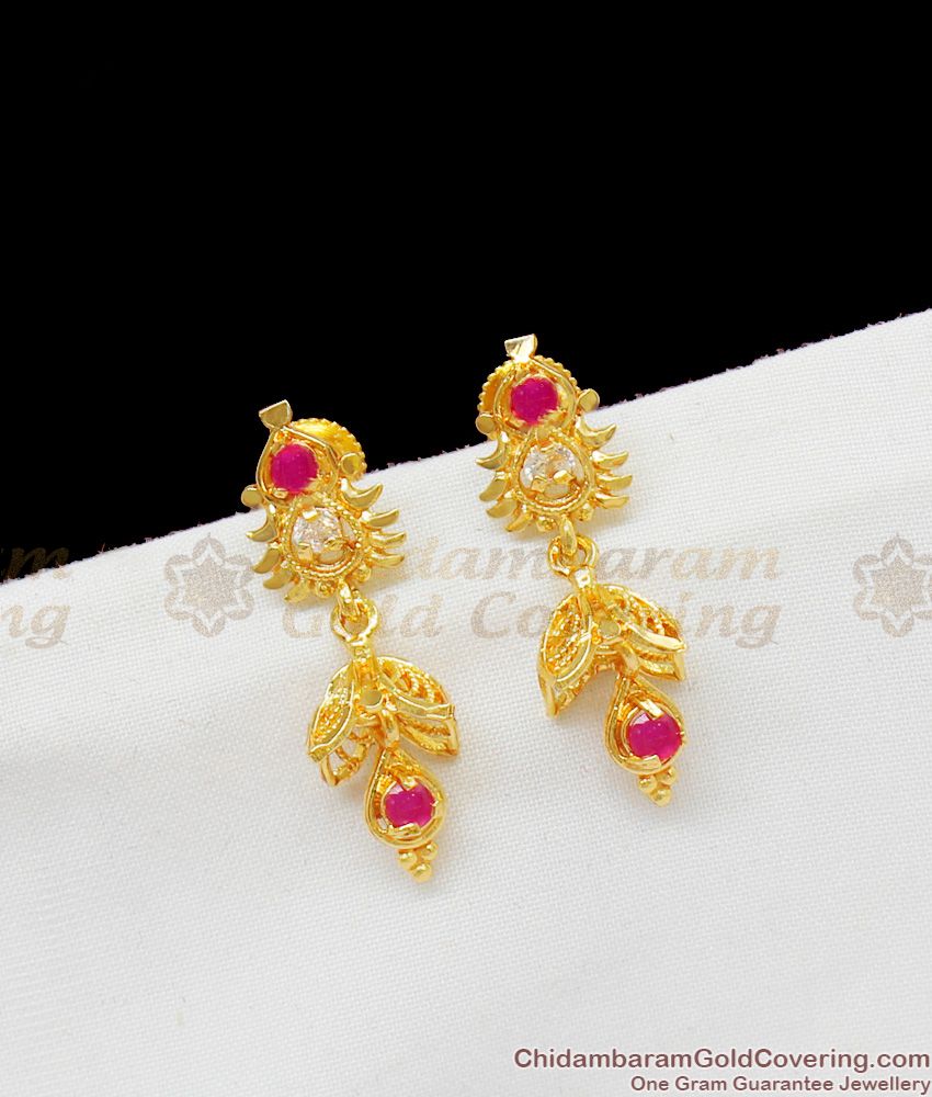 Trendy Ruby White Stone Gold Plated Jhumka Set Earrings Party Wear ER1411