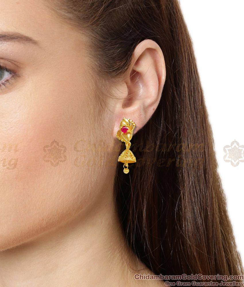 Single Ruby Stone Aspiring Gold Tone Small Jhumki Earrings For Girls ER1412
