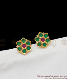 Stunning Green And Pink Stone Gold Finish Flower Design Studs Daily Use ER1413