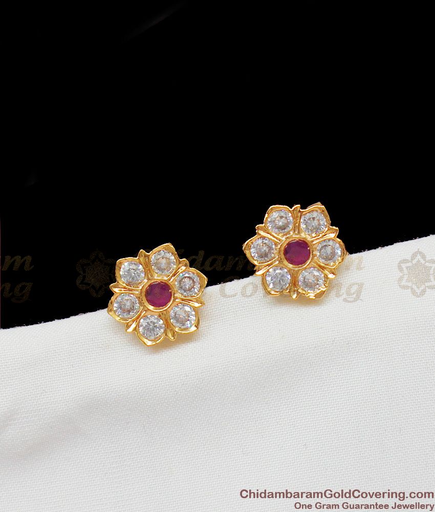 Gati Stones Ruby AD White Stone Impon Stud Type Earrings For Womens ER1414