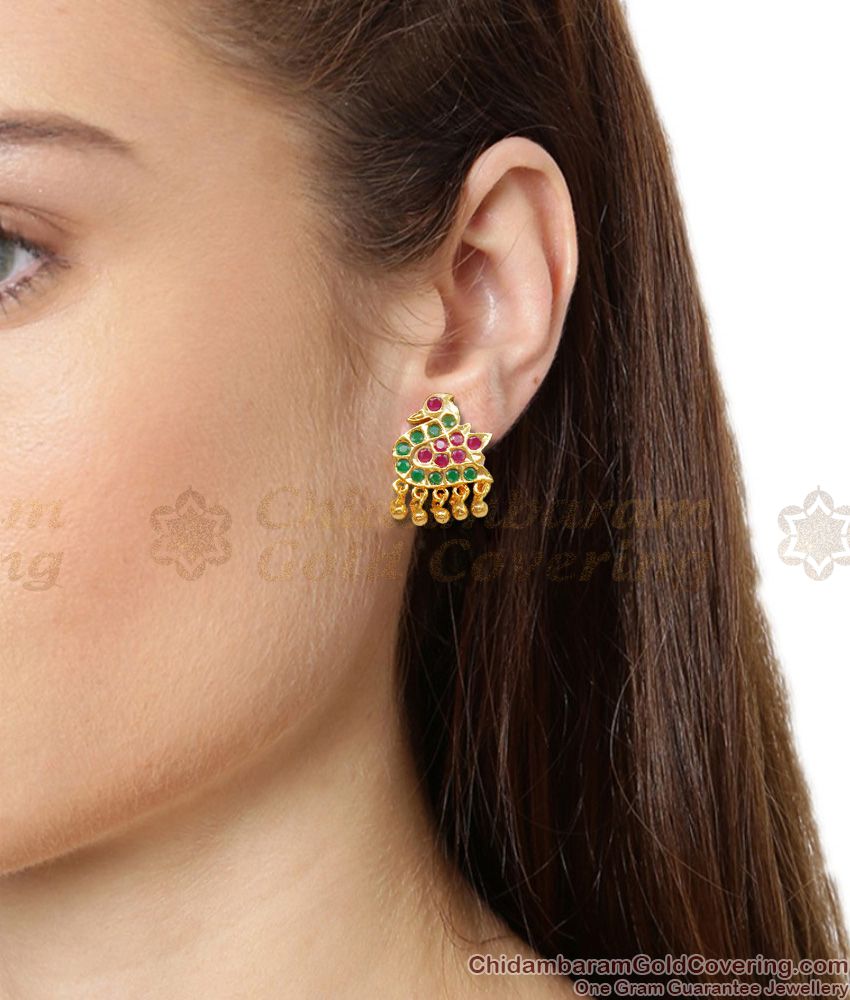 Beautiful Swan Design Green And Pink Stone Impon Gold Studs Daily Use ER1422