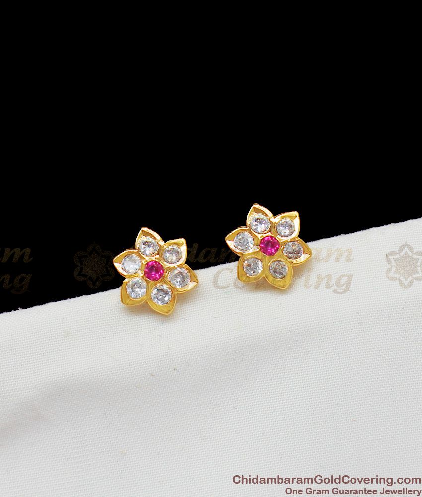 Real Gold Five Petal Impon Gold Studs With Multi Color Stones ER1430