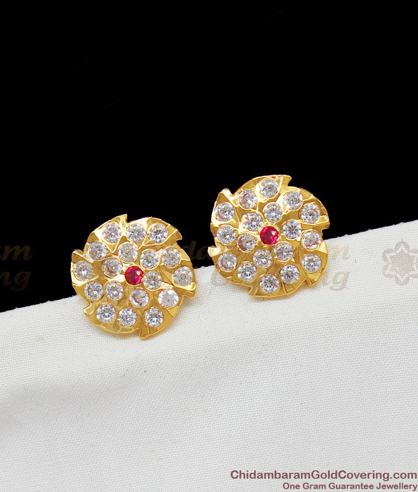 Beautiful Flower Design White AD And Ruby Stone Impon Studs ER1435