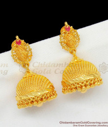 Gold Net Pattern Pretty Jhumki Earrings With Single Ruby Stone Model ER1447