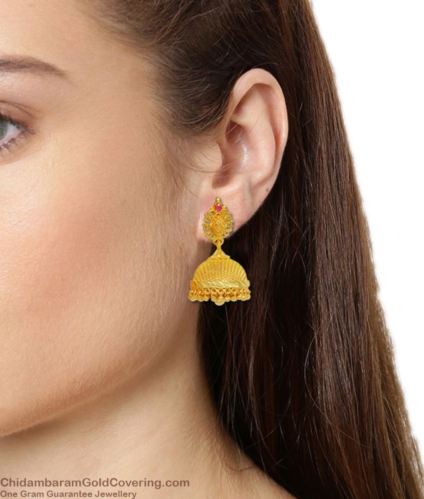 Gold Net Pattern Pretty Jhumki Earrings With Single Ruby Stone Model ER1447