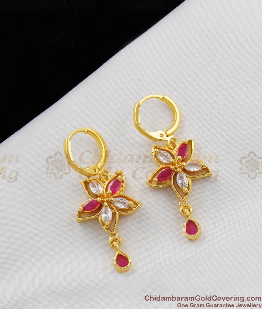 Pretty Flower Design Hoop Type Gold Imitation Danglers With AD Ruby Stones For Ladies ER1494