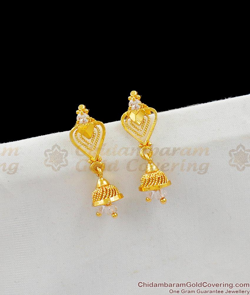 White Crystal Heart Design Single Stone Jhumki One Gram Gold Earrings For Regular Use ER1539