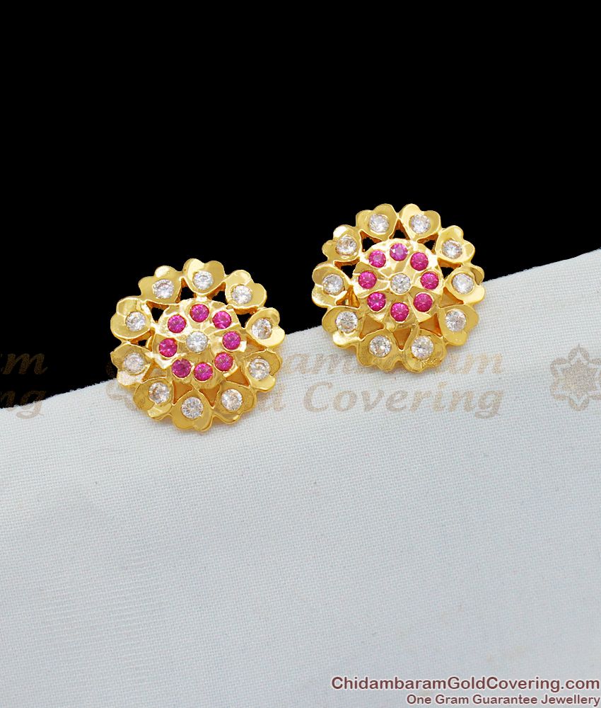 Aspiring Gold Impon Ruby AD White Stones Flower Studs For Girls ER1612