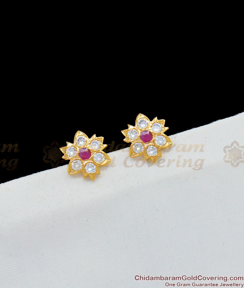 Trendy Small Stud Gati Stones Ruby AD White Impon Earrings For Womens ER1618