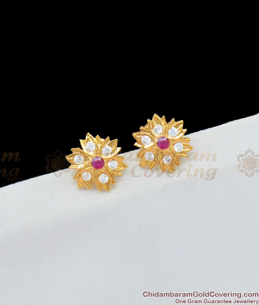 Sparkling Small Stud Gati Stones Ruby AD White Impon Earrings For Womens ER1621